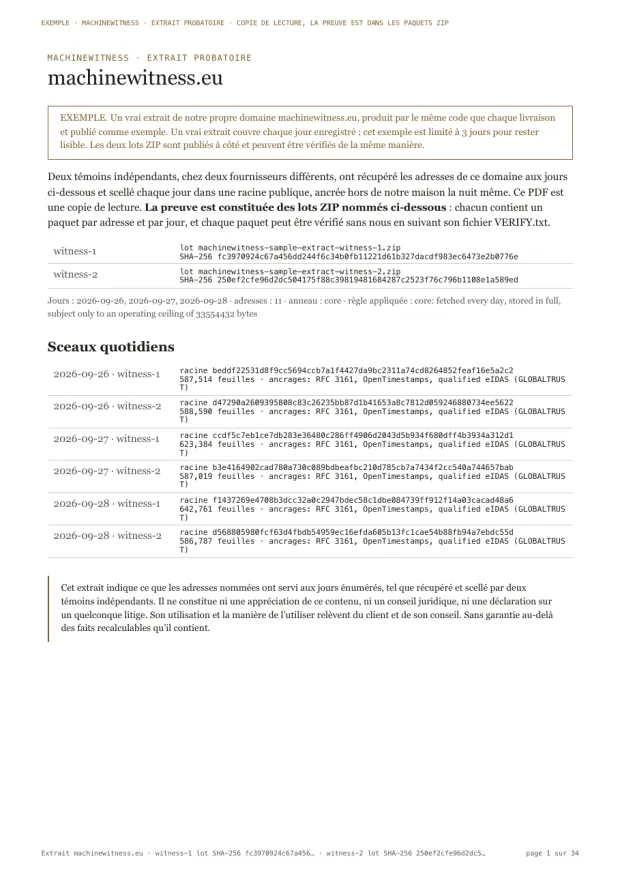 Page d'exemple : la première page d'un extrait, avec les lots des deux témoins et leurs empreintes, l'anneau et la règle appliquée, et la racine scellée de chaque jour avec ses ancrages.