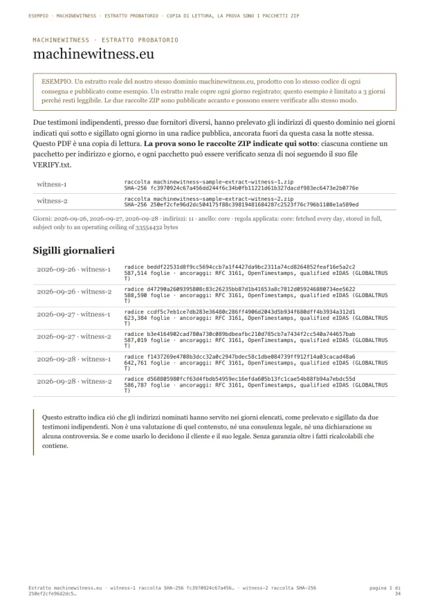 Pagina di esempio: la prima pagina di un estratto, con le raccolte di entrambi i testimoni e le loro impronte, l'anello e la regola applicata, e la radice sigillata di ogni giorno con i suoi ancoraggi.