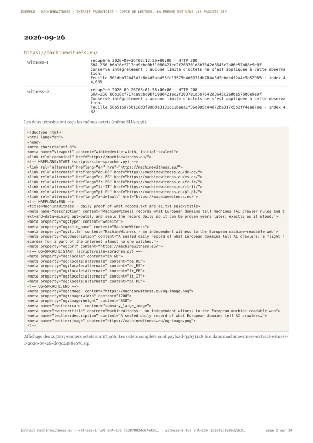 Page d'exemple : un jour de l'extrait, avec chaque fichier tel que les deux témoins l'ont récupéré, son statut, son empreinte et sa feuille, et le début du contenu tel qu'il a été livré.