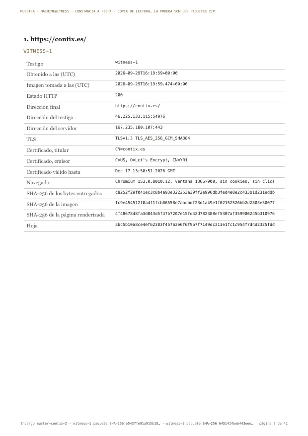Página de muestra: los datos de captura de un testigo, con la hora de obtención, el estado HTTP, el certificado TLS, las huellas de los bytes, de la imagen y de la página renderizada, y la hoja en el árbol del día.