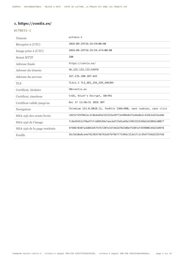Page d'exemple : les données de capture d'un témoin, avec l'heure de récupération, le statut HTTP, le certificat TLS, les empreintes des octets, de l'image et de la page restituée, et la feuille dans l'arbre du jour.