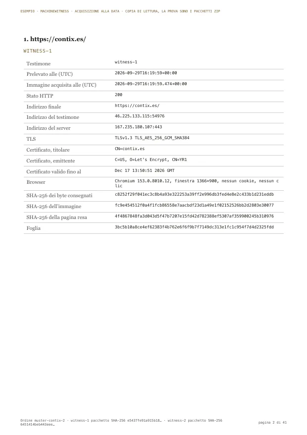 Pagina di esempio: i dati di acquisizione di un testimone, con l'ora del prelievo, lo stato HTTP, il certificato TLS, le impronte dei byte, dell'immagine e della pagina resa, e la foglia nell'albero del giorno.