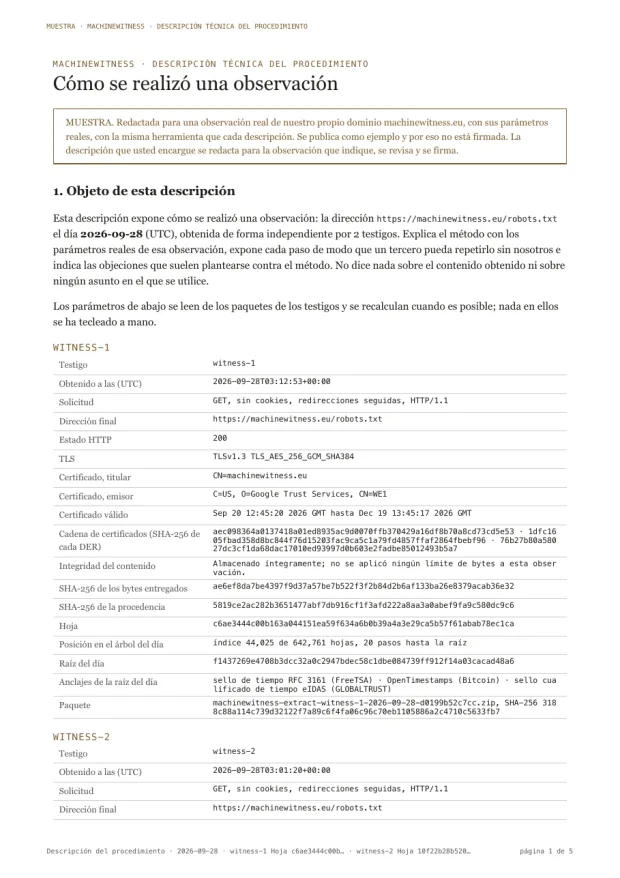 Página de muestra: el objeto de la descripción, con los parámetros de la observación tal como los registró el primer testigo.