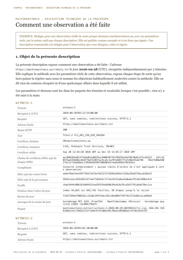 Page d'exemple : l'objet de la description, avec les paramètres de l'observation tels que le premier témoin les a enregistrés.