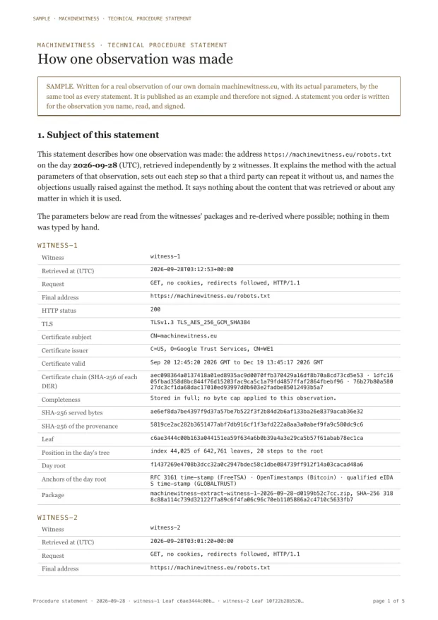 Sample page: the subject of the statement, with the parameters of the observation as recorded by the first witness.